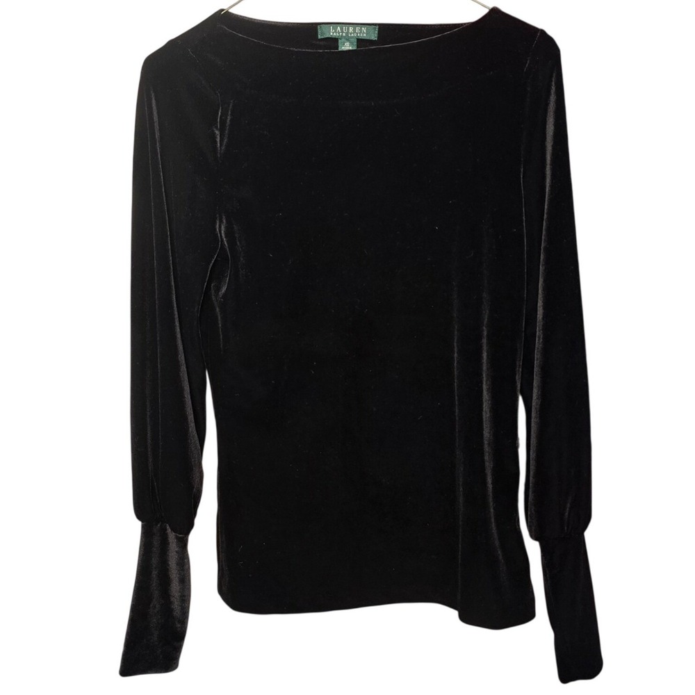 Lauren Ralph Lauren Womens XS Black Velvet Boat Neck Long Sleeve Top